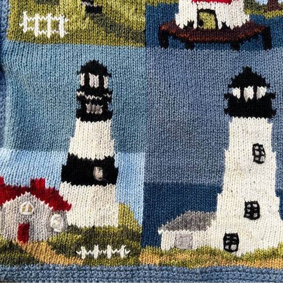 Rare Vintage Lighthouse Storybook Cardigan Blue Art Knit Wood Buttons M - Picture 6 of 9